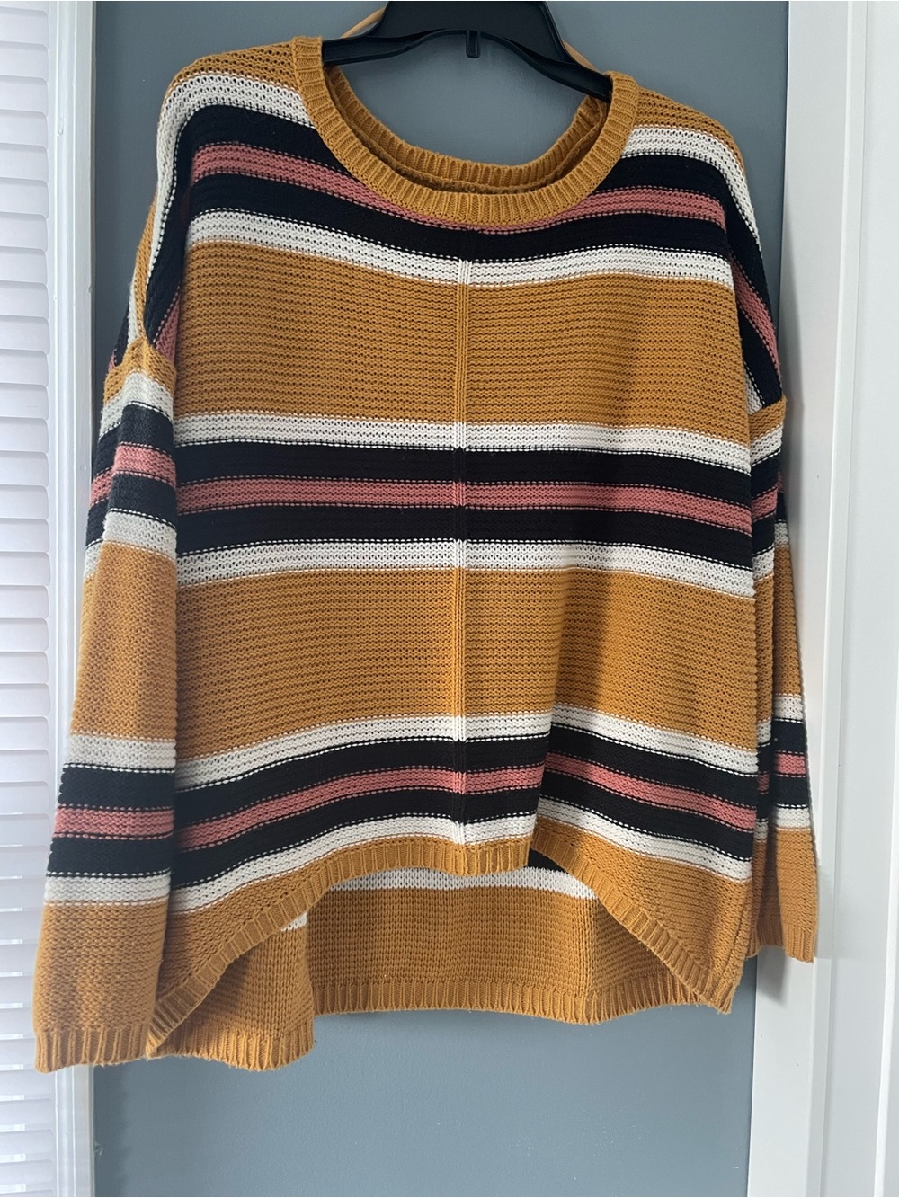 Free People Mustard Striped Crewneck Sweater with Black, Cream & Pink Accents